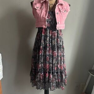 Lapis Gray Smocked Top with Floral Accents